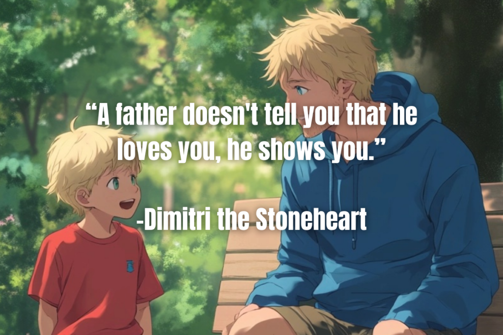 A heartfelt fatherhood moment between a son and his dad talking sitting on a park bench with an inspirational quote.