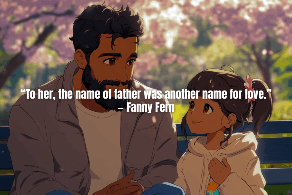 A father for daughter quote from fanny fern, with a father and ddaughter sitting on a bench