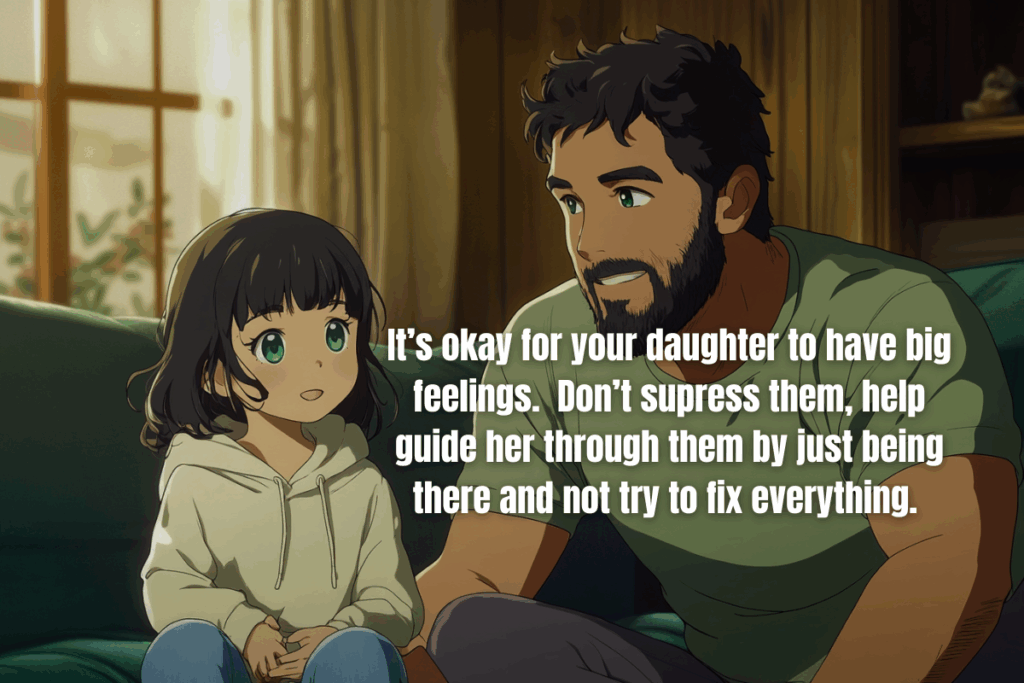 A father and daughter bonding over a conversation on the couch. 