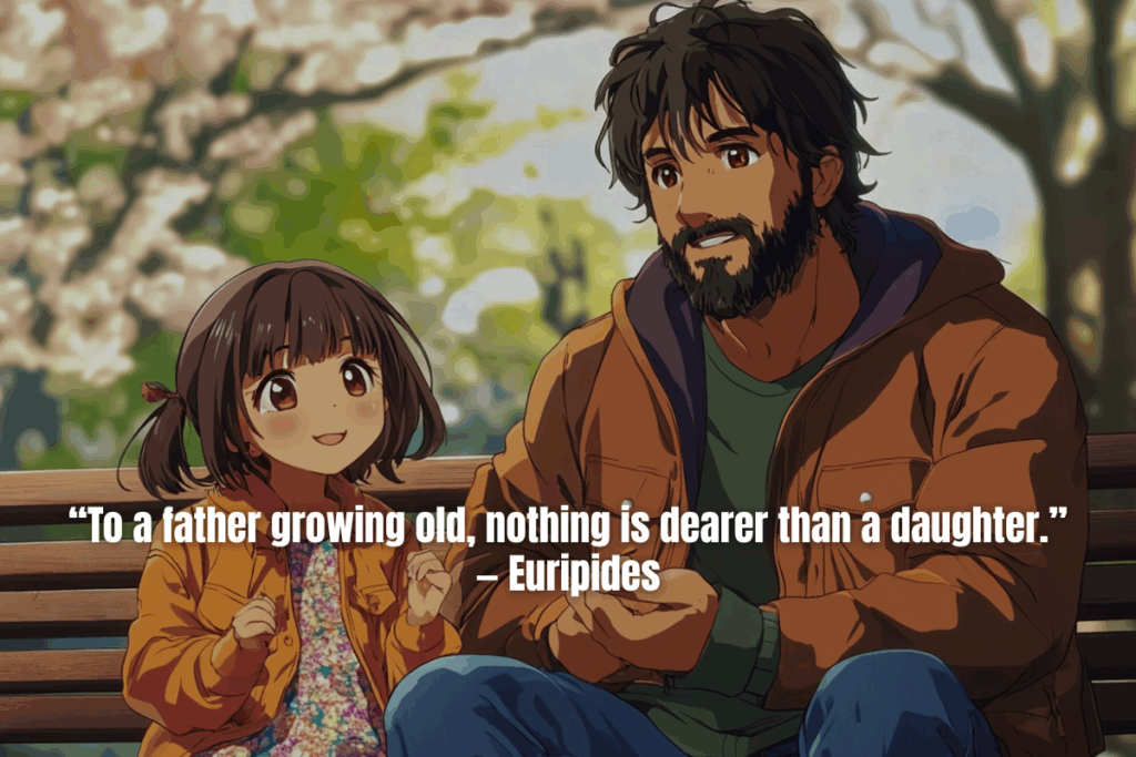 A father for daughter quote by euripides and a father and daughter sitting on a bench together.