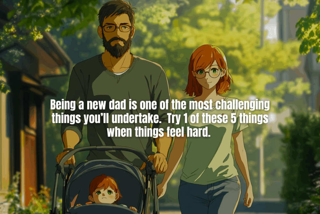 a new dad walking with his wife and new born in a park.