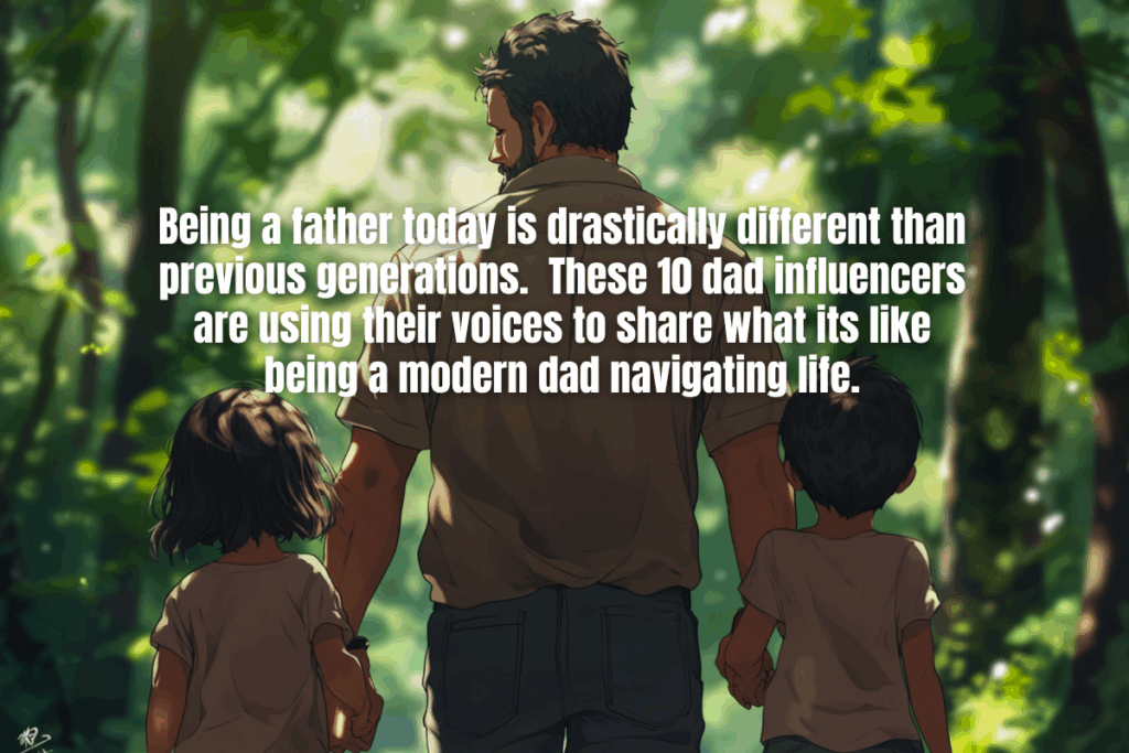 A father walking in the forest with his two children.