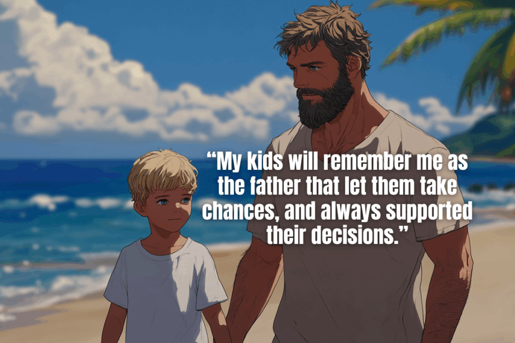 A father and son take a walk along the beach. Anime art style