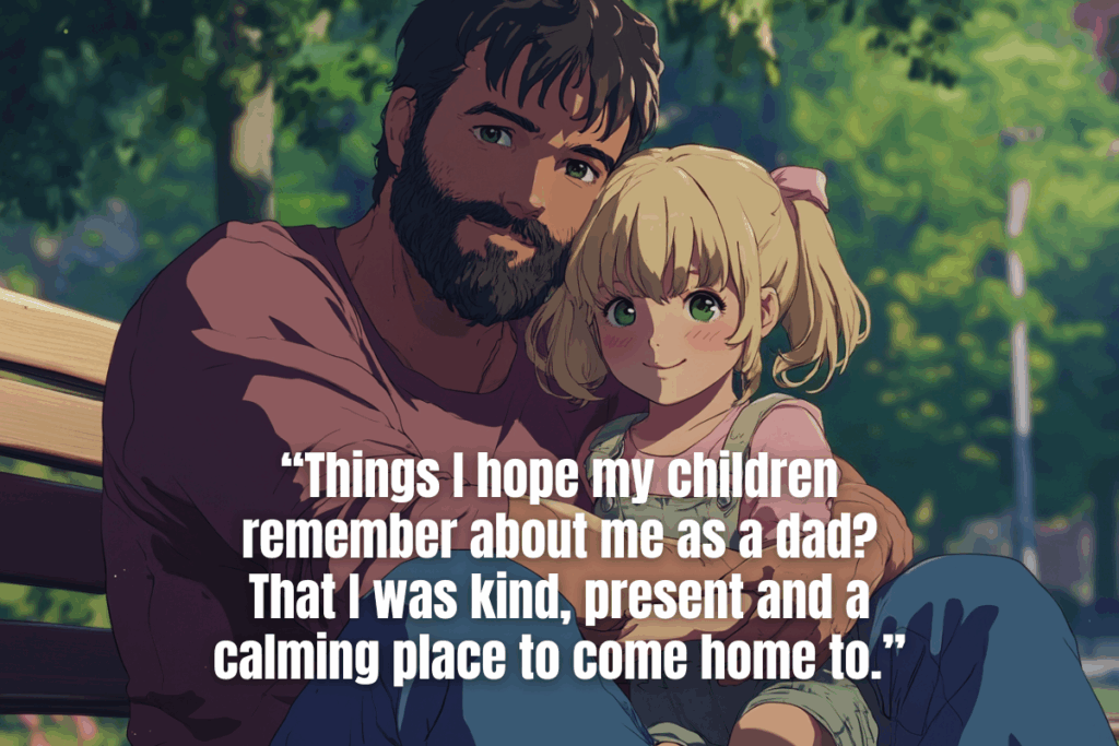 A father and daughter embrace in a hug, anime themed art.