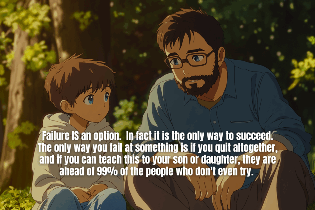 A father and son have a conversion at a park, with text over the image talking about how to be a better father.